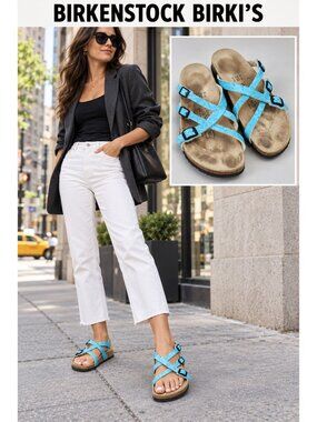 Birki’s Birkenstock Blue Leather Strappy Buckle Sandals EU 39 US 8